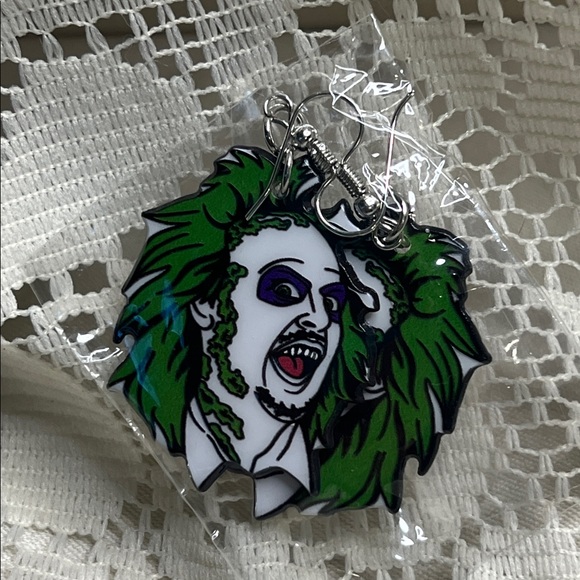 Green and White Beetlejuice Character Earrings - Picture 3 of 3